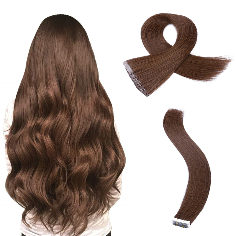 Tape in human hair extensions dark brown color