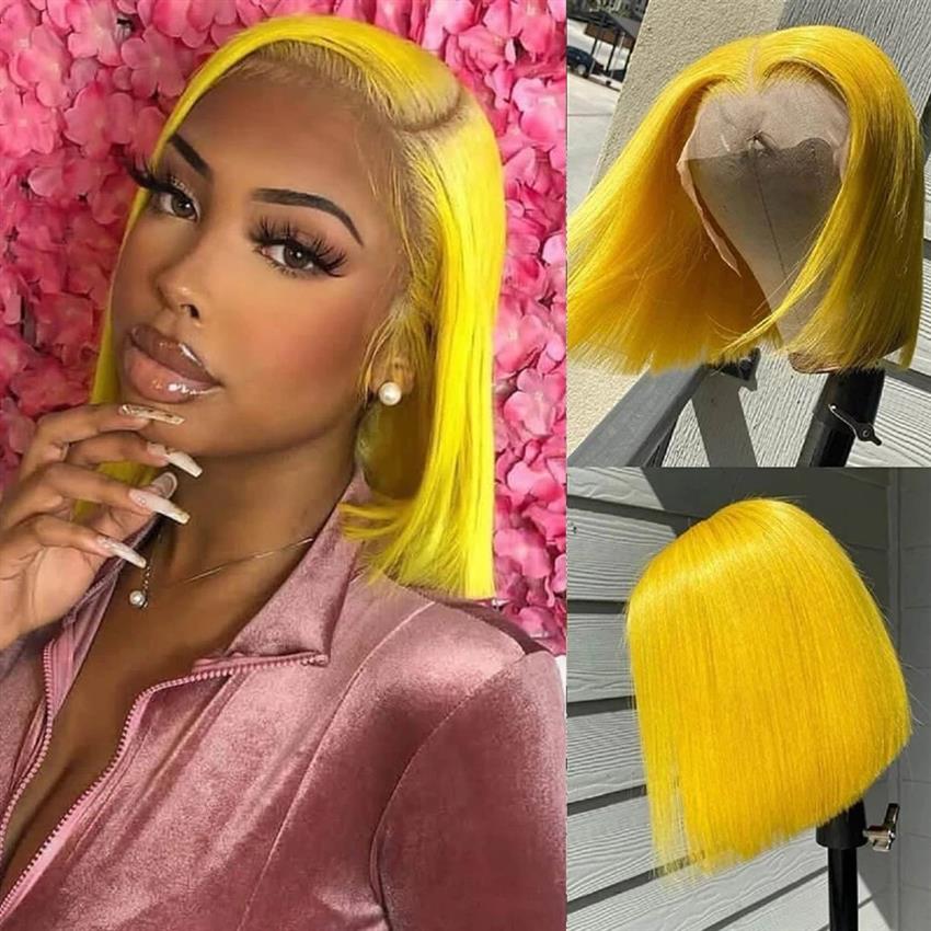 13x4 lace frontal wig straight bob yello color 100% human hair