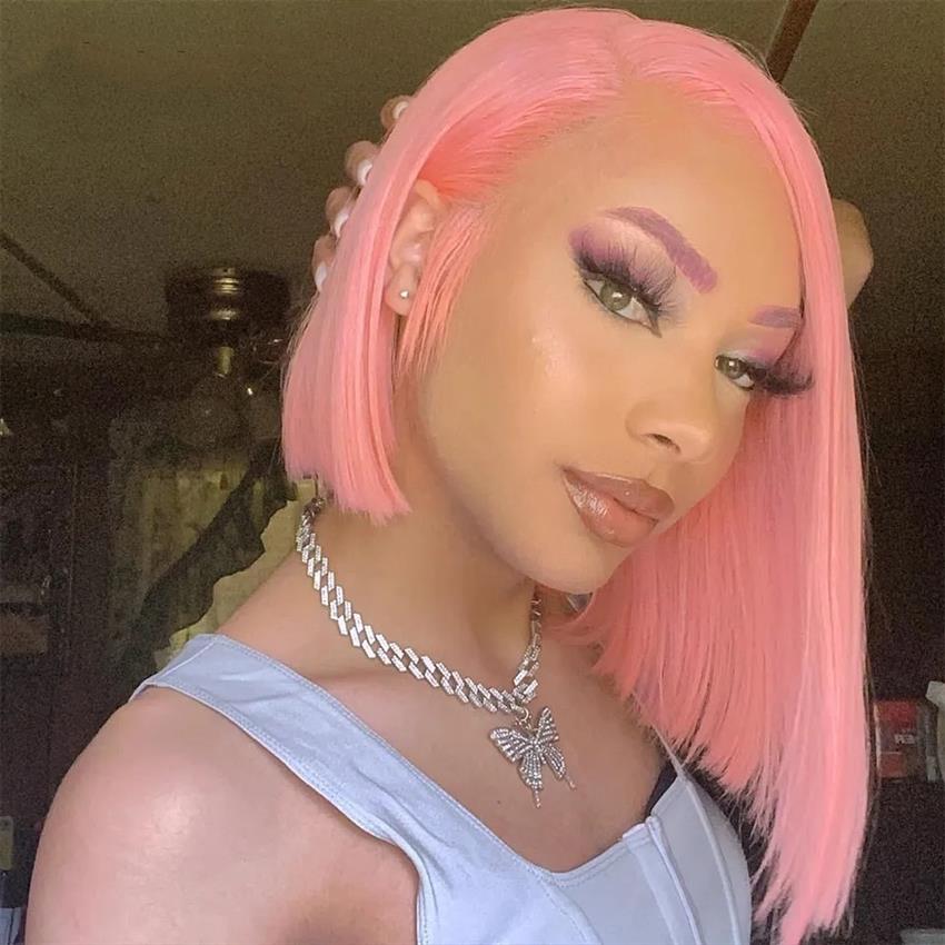 13x4 lace frontal wig straight bob pink color