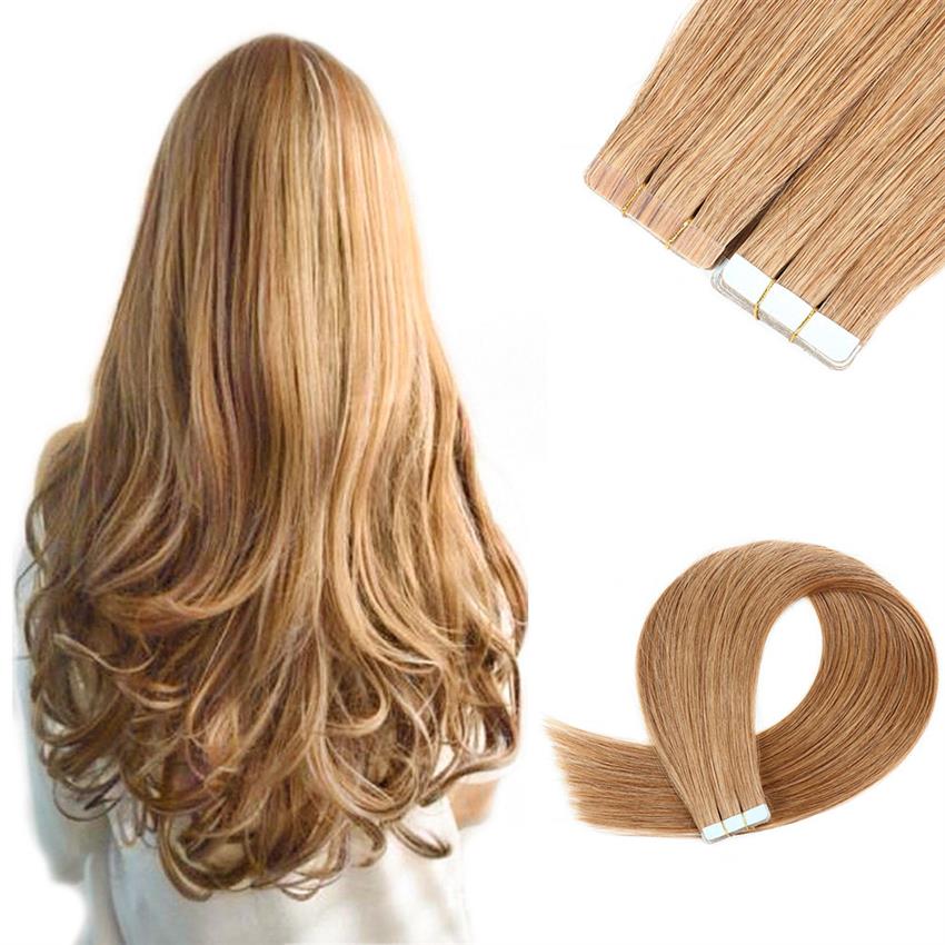 Tape in human hair extensions honey blonde color  27#